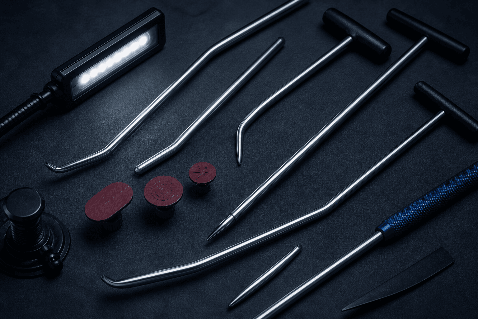 Illustrative image: paintless dent repair rods and a glue tab on a work surface