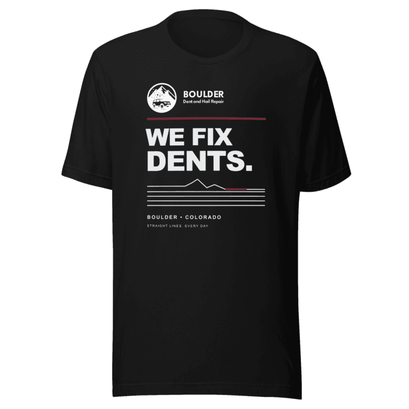 Black Boulder shop tee with the fixed shop badge and WE FIX DENTS graphic