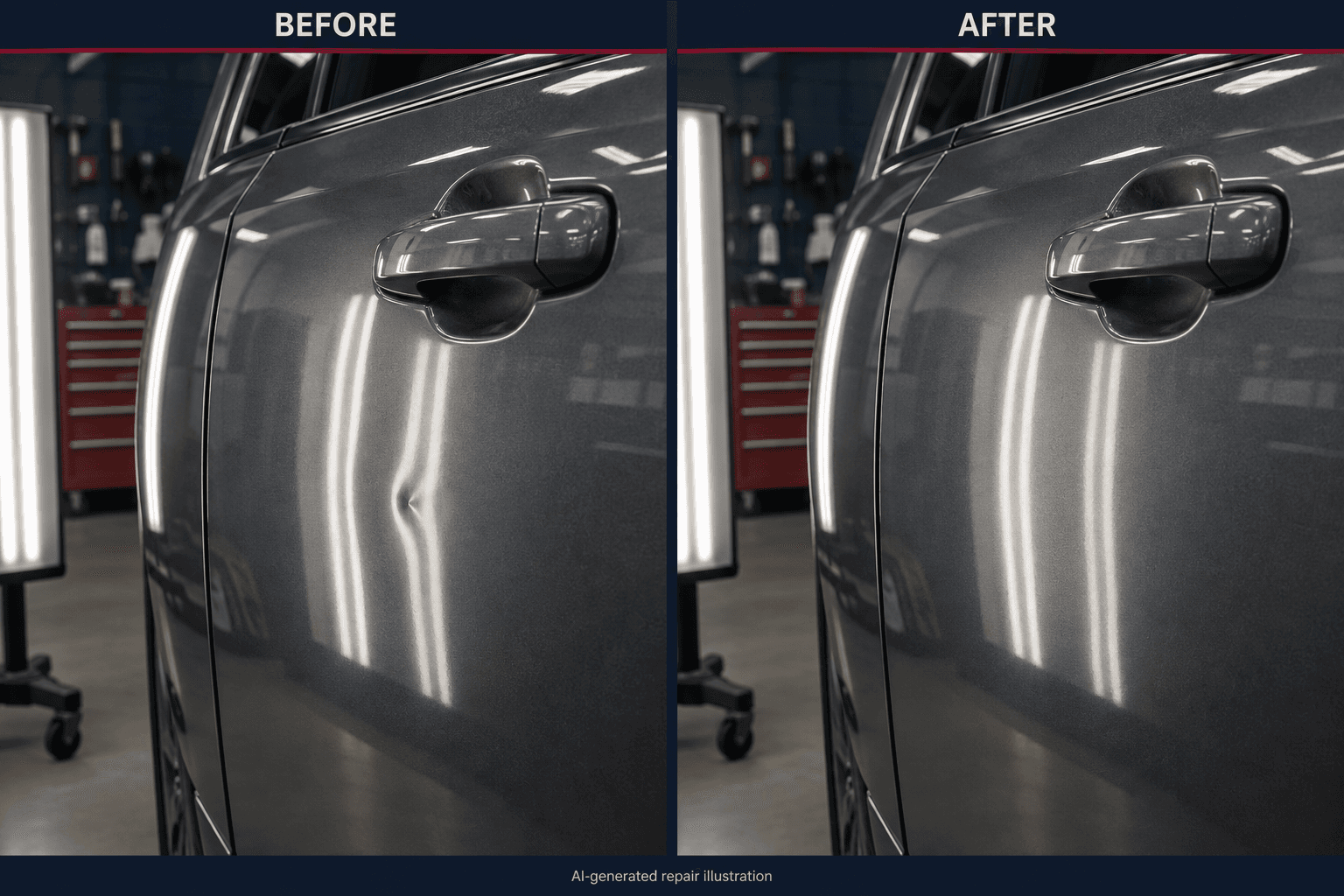 AI-generated comparison of a door ding and a smooth door under matching inspection lights
