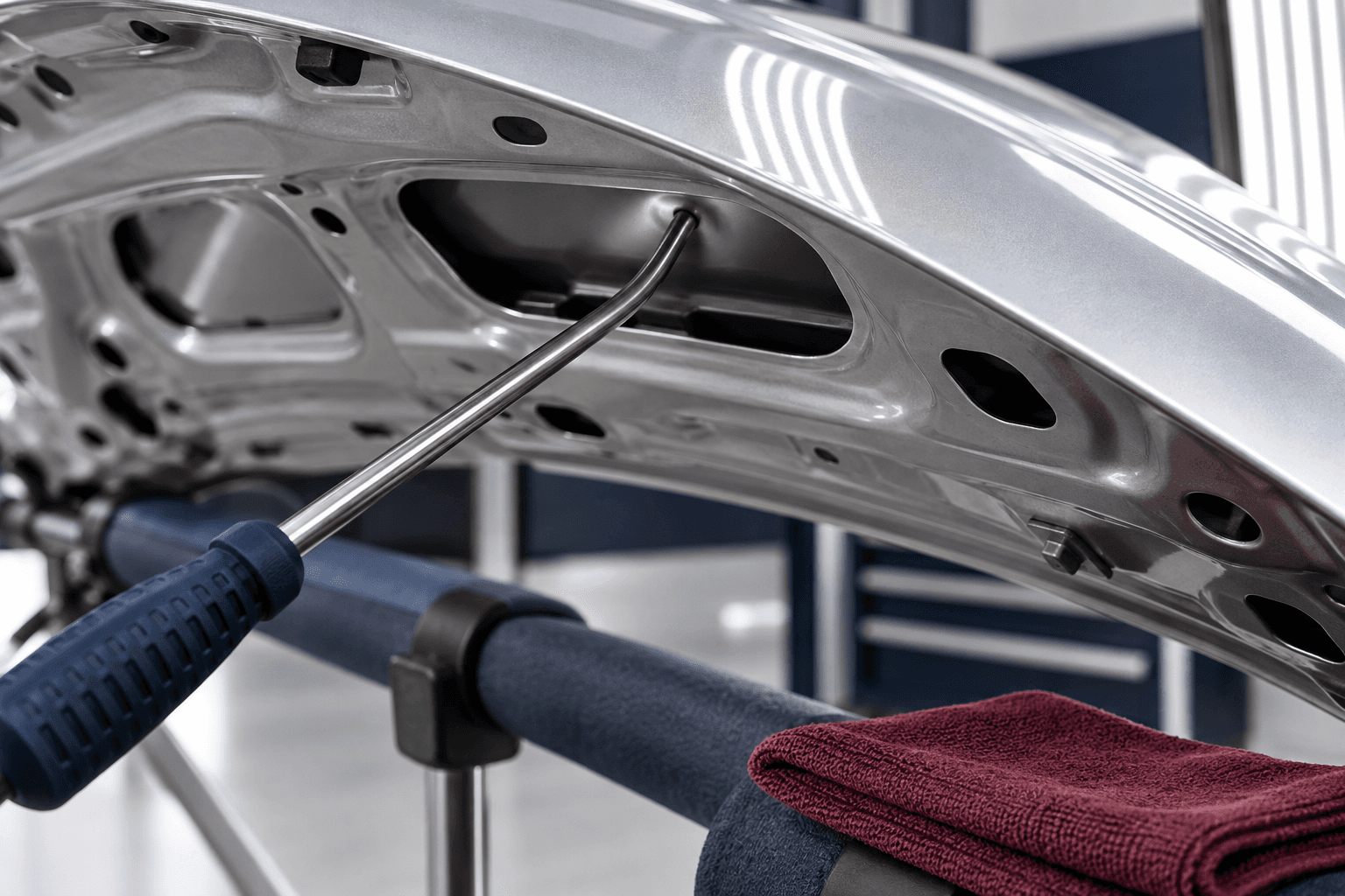 Illustrative image: a paintless dent repair tool resting against a silver panel