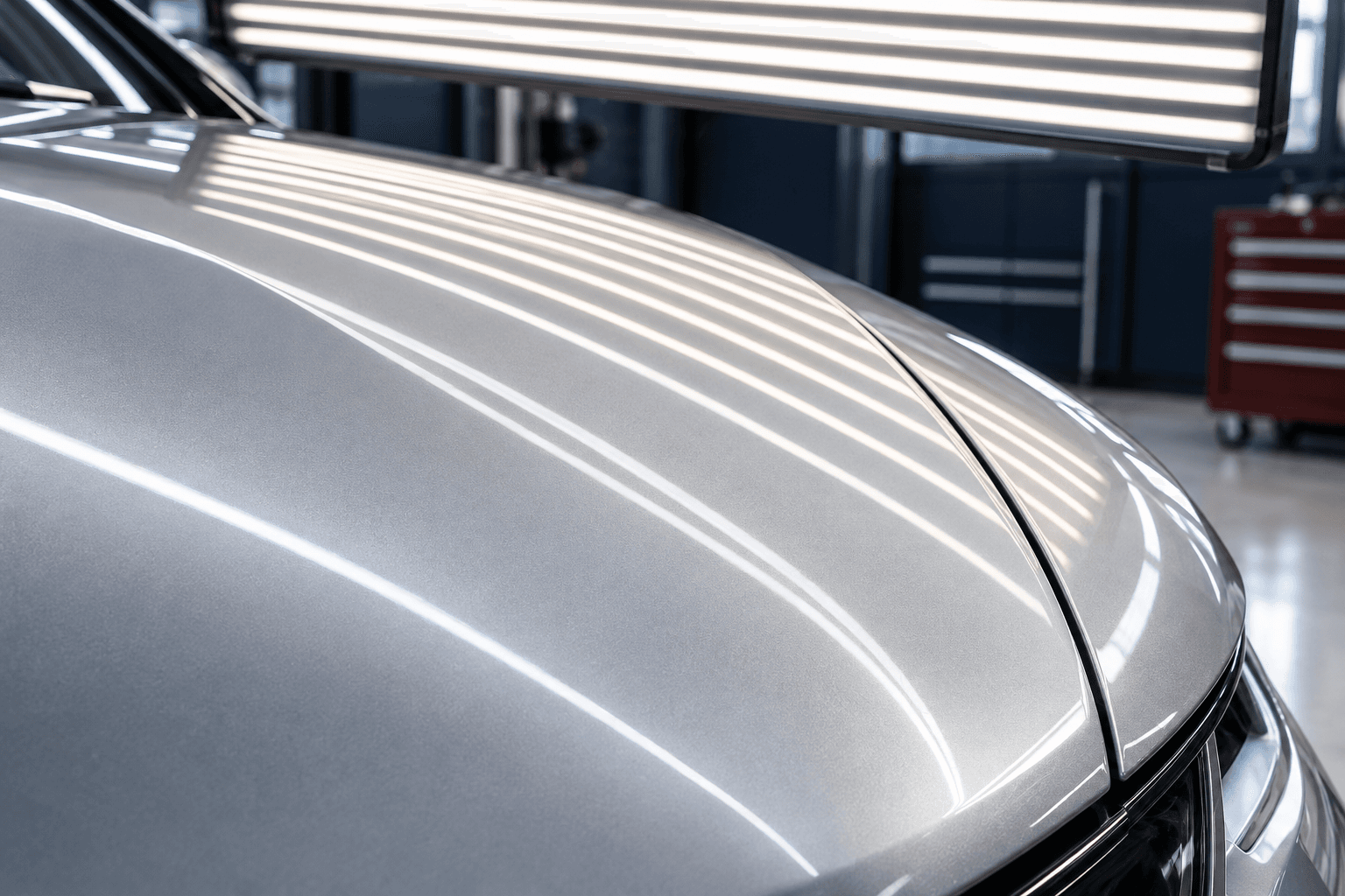 Clean inspection-light reflections following the curve of a silver hood