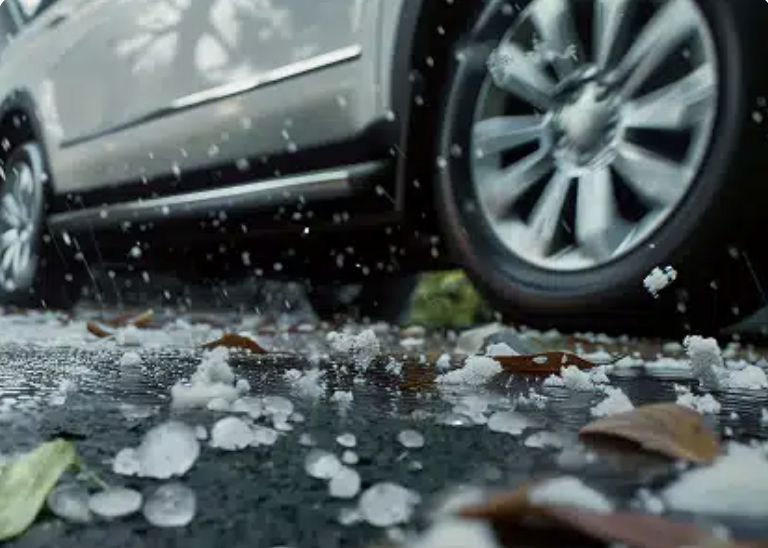 Hail on the ground next to car.